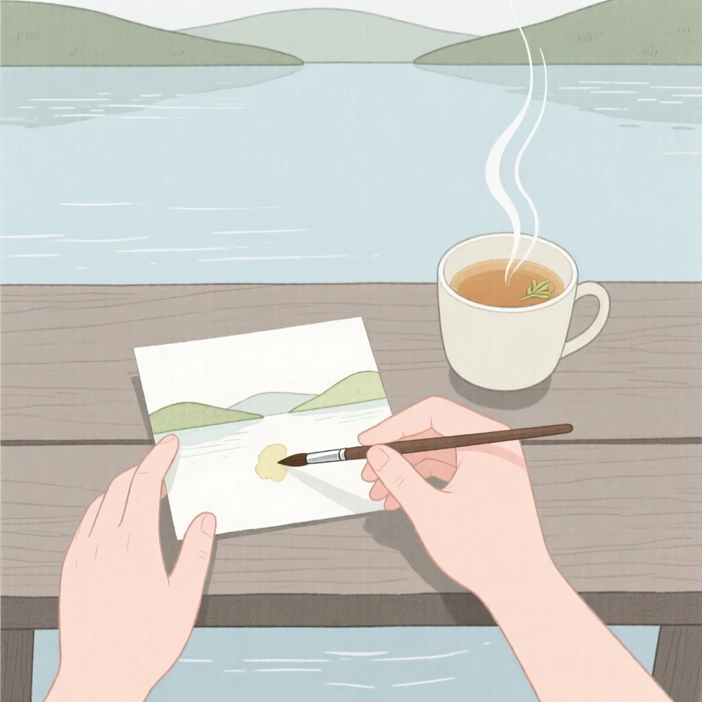 A close view of hands painting a watercolor landscape near a cup of herbal tea in a lakeside dock, full of mindful patience.