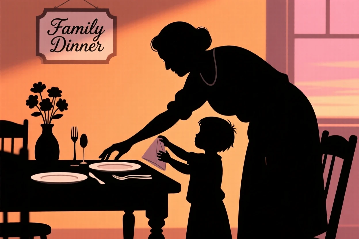 A grandmother teaching her grandchild to set a table for dinner.