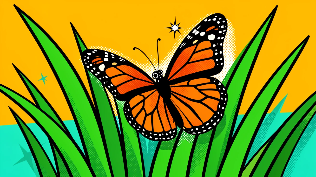 A monarch butterfly peeking curiously from behind tall grass