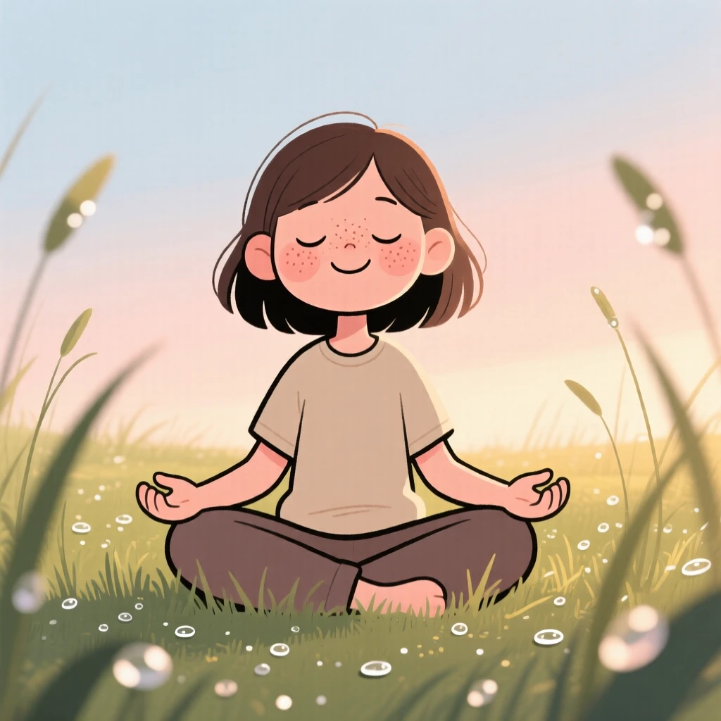 A teenage girl practices slow breathing exercises on a dew-covered lawn at first light, breathing slowly as rustling grass surrounds them.