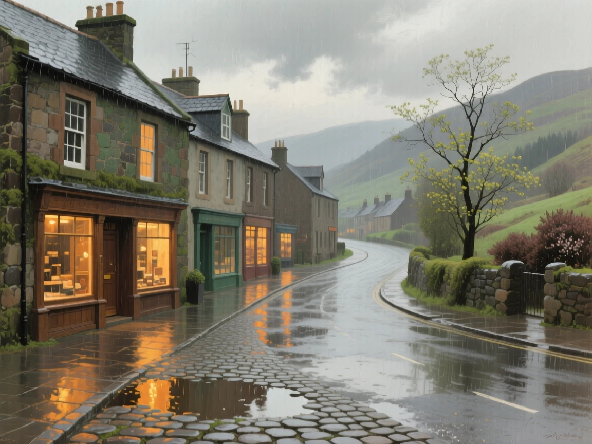 A panoramic view of a rain-soaked street reflecting the warm glow of shop windows, in the Scottish Highlands, in early spring.