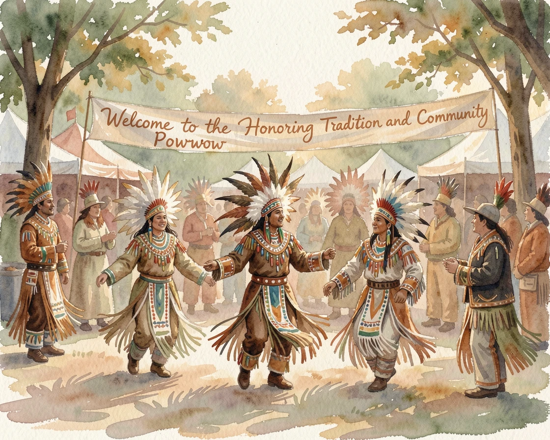 A Native American powwow with dancers in traditional regalia with the whole community joining in.