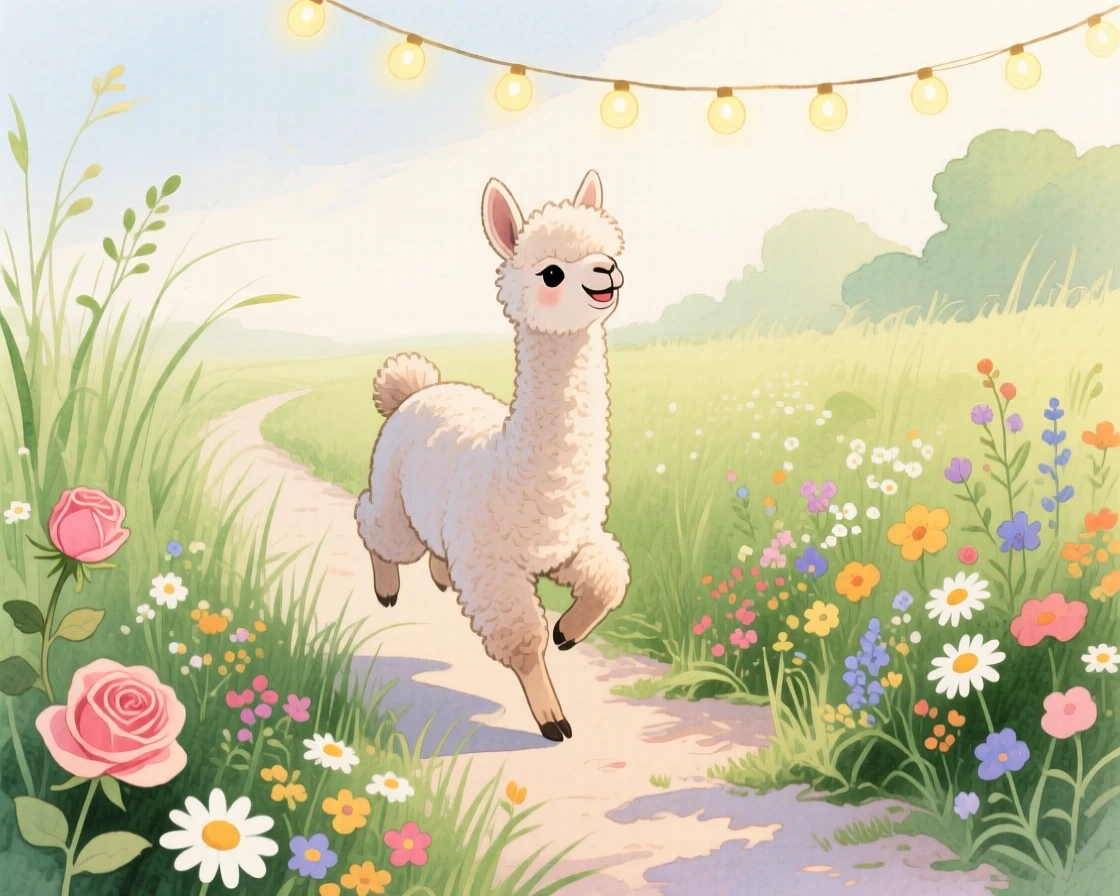 A baby llama hops through tall grass in a blooming garden path, with a string of fairy lights glowing above