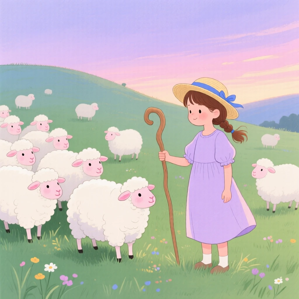 A young shepherdess counting her flock of sheep at twilight.
