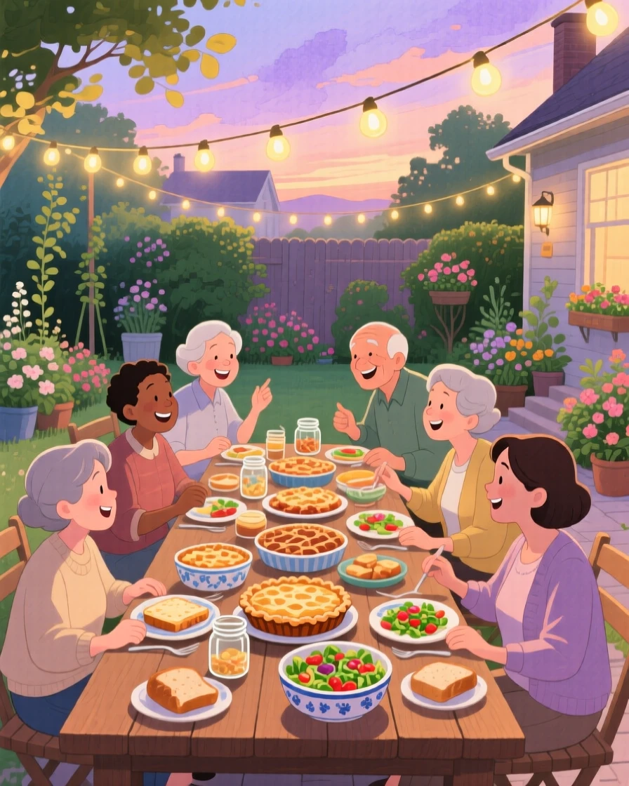 Neighbors sharing a meal at a long outdoor table strung with lights, in a garden courtyard at dusk, with a table set with homemade treats, community, warmth, and togetherness.