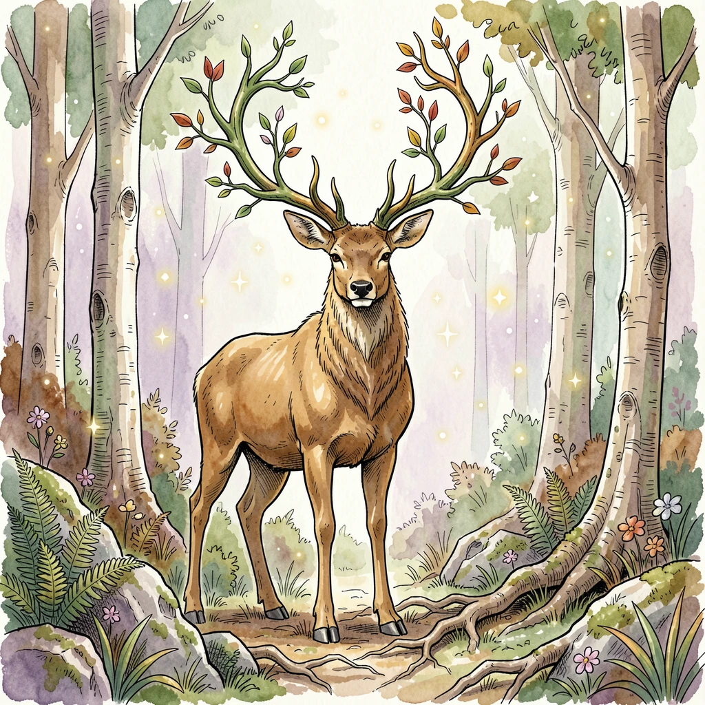 A great stag with antlers made of living branches standing in an enchanted grove, stars or glowing motes drifting gently through the air.