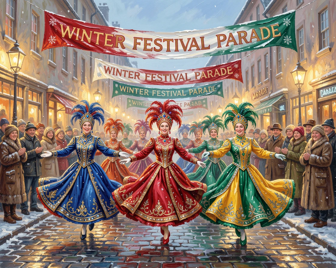 A colorful street parade with dancers in vibrant costume, crowds gathering to watch the display, along a cobblestone street decorated with banners, on a crisp winter evening.