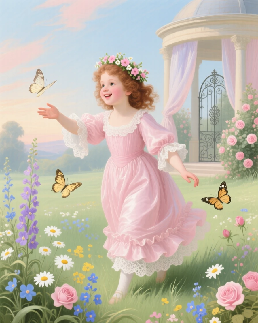 A young girl chasing butterflies through a meadow of wildflowers  