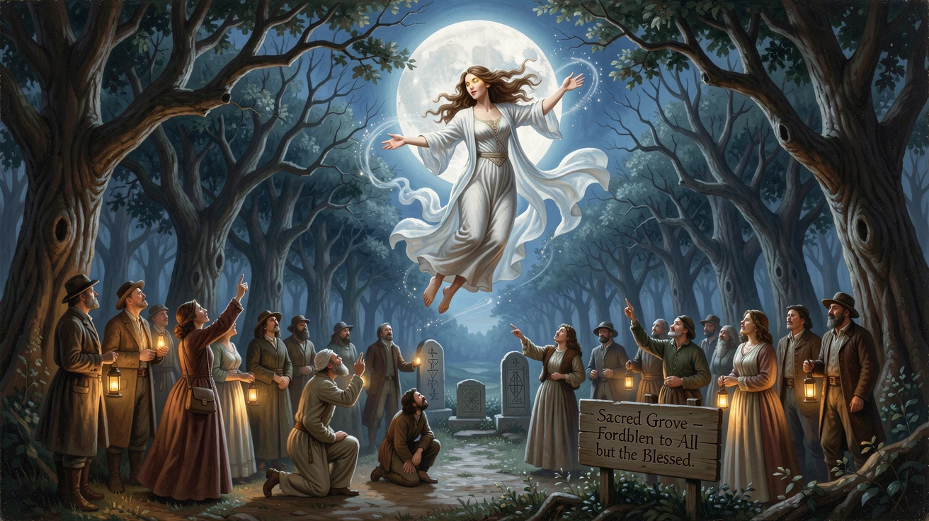 A powerful sorceress soars above a moonlit sacred grove as mortals watch in awe.