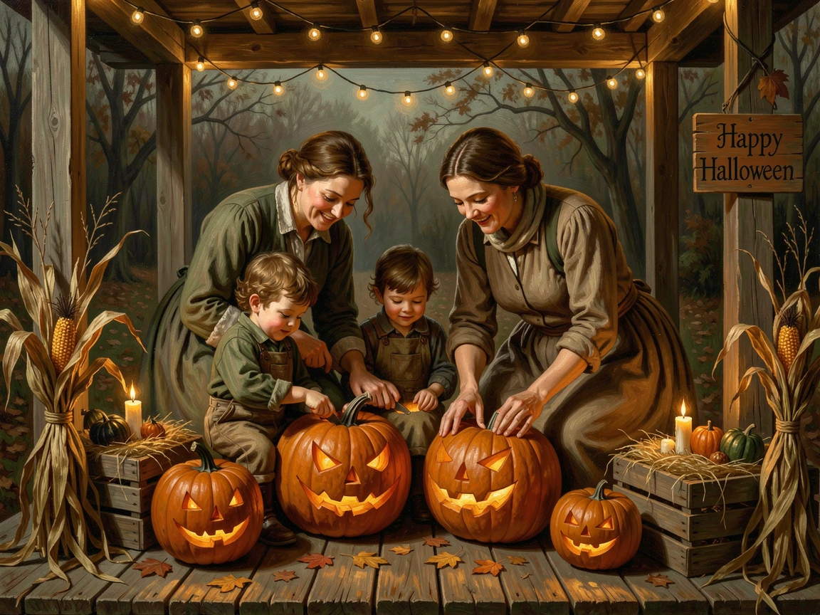 A family carving pumpkins together on a porch decorated for Halloween, as golden or twinkling light creates a magical atmosphere, celebrating the beauty and traditions of the time of year