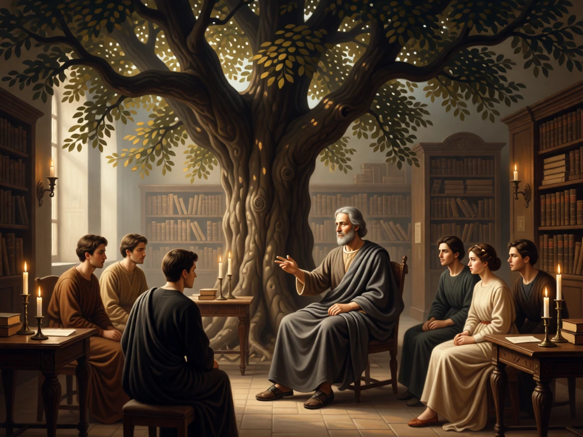 A philosopher teaching students beneath the shade of an ancient tree in an instant of grace touching the ordinary world, set within an ancient library devoted to timeless questions, with candles flickering steadily despite an unseen breeze; converging figures form a reverent circle around the central moment, filled with serenity and the quiet dignity of devotion.