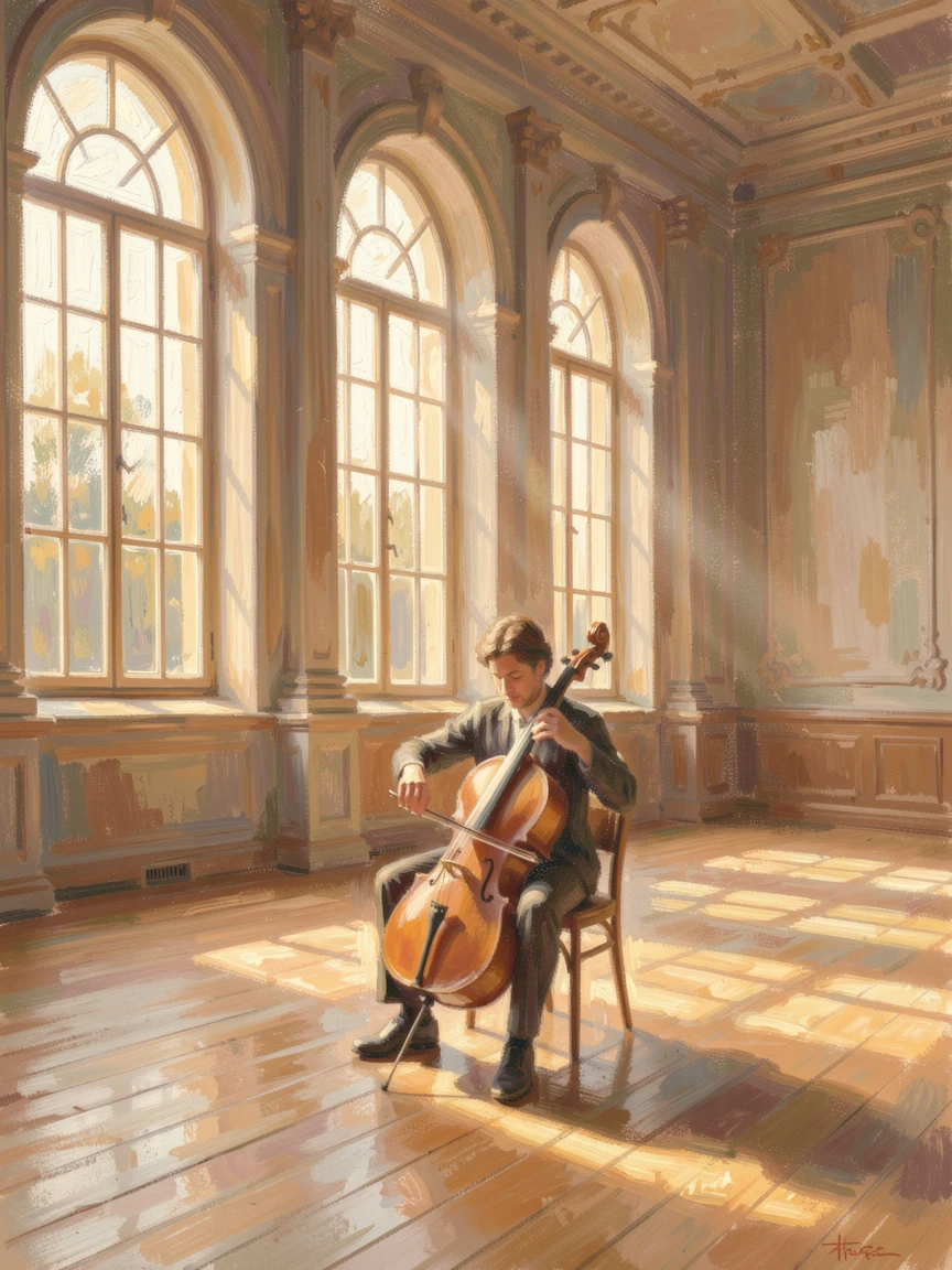 A cellist practicing alone in an empty concert hall, sunlight streaming through tall arched windows, radiating serenity and gentle stillness.