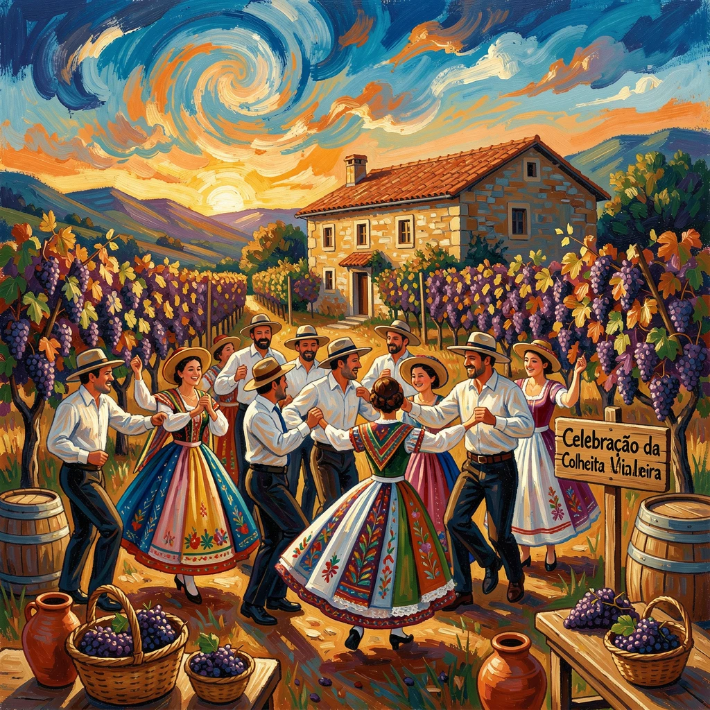 A quiet vineyard harvest celebration in Portugal with traditional folk dancing.