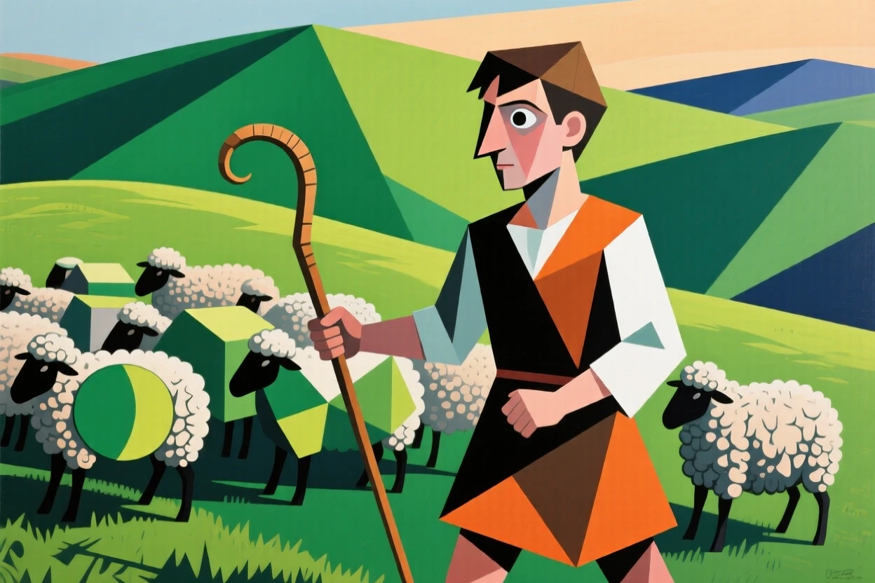 A young shepherd guiding a flock of sheep across a rolling green hillside.
