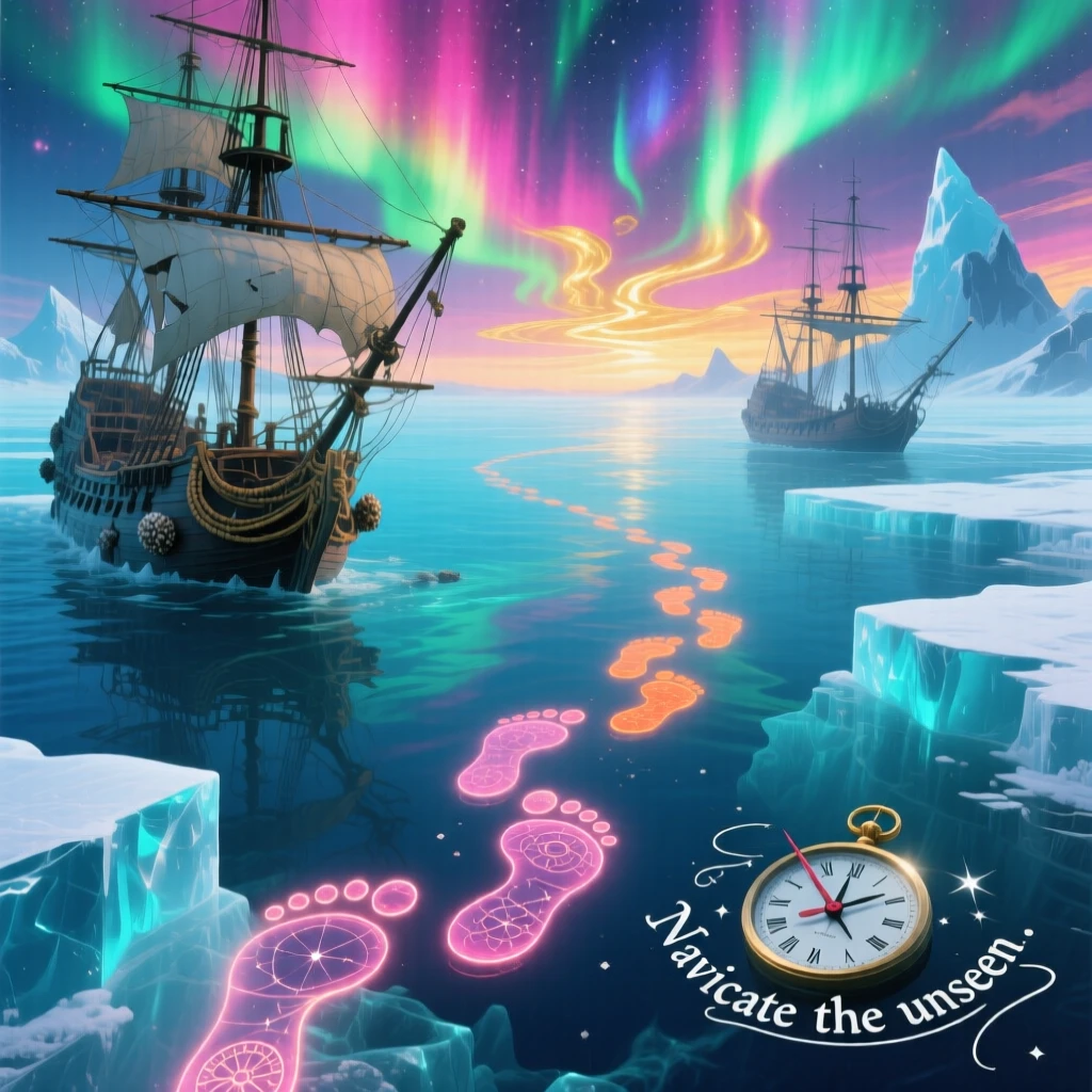 A frozen sea whose ice holds entire sunken ships suspended in place stretches endlessly beneath a sky of shifting colors, while a trail of glowing footprints marks a path forward.