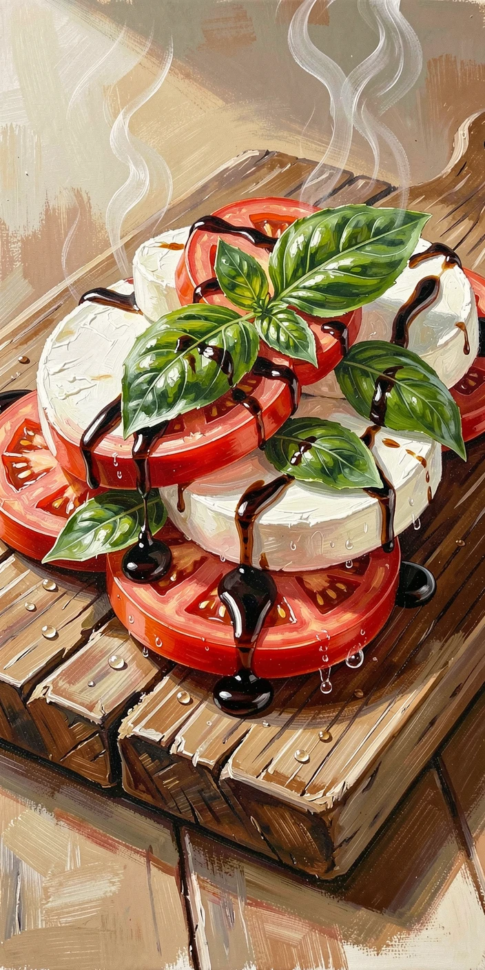 A vibrant Caprese salad shows layered tomatoes, fresh mozzarella, and basil drizzled with balsamic glaze on a rustic wooden board, steam or condensation visible in small details that suggest the dish was just prepared.
