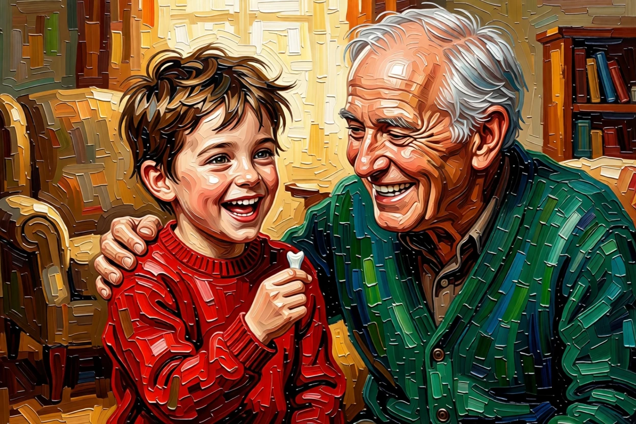 A little boy proudly showing off a wobbly tooth to his beaming grandfather