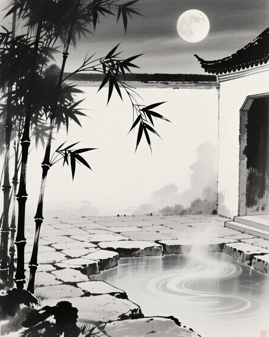 Moonlight filters through bamboo leaves onto a quiet stone courtyard, as mist rises gently from the cooling water.