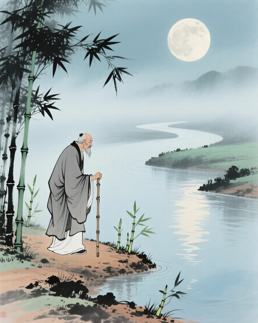 An old man walking with a bamboo staff along a misty riverbank, under a full moon, as new bamboo shoots break through the soil.