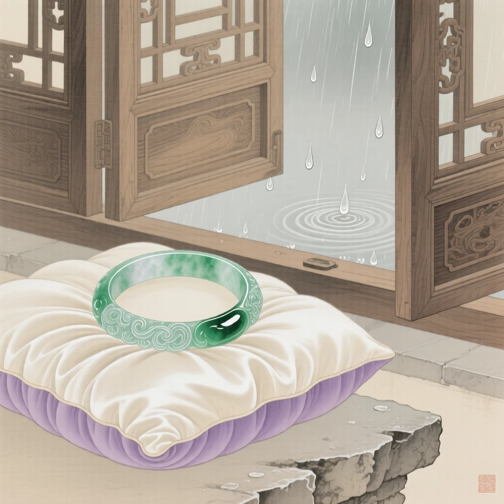 A jade bracelet resting on a silk cushion beside an open window with rain falling outside