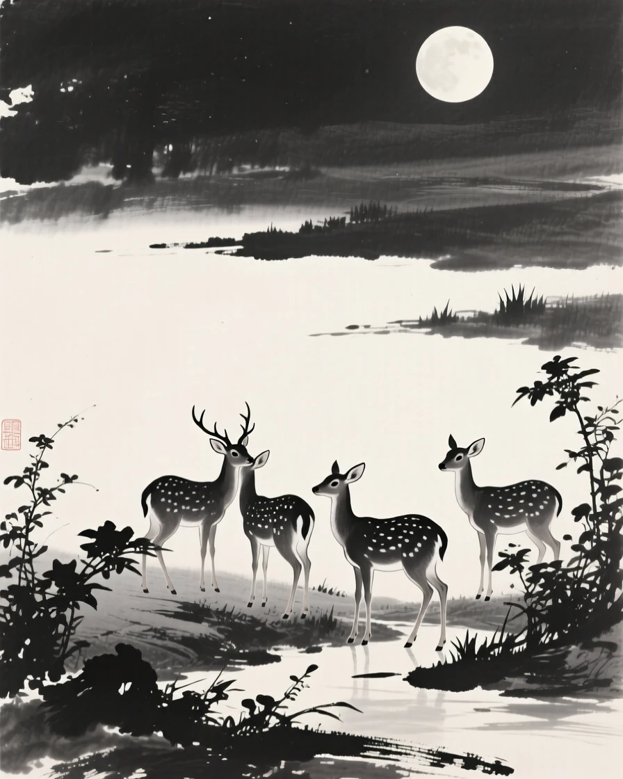 A small herd of deer pausing at the edge of a quiet clearing in a moonlit clearing, framed low to the ground for an intimate, close perspective, evoking the gentle rhythm of the natural world.