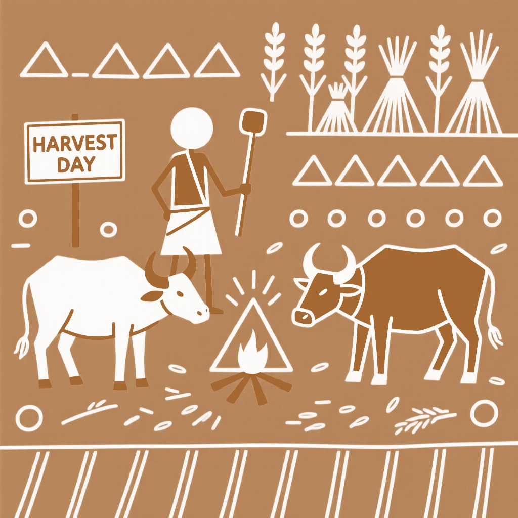 A farmer and his oxen gathering around a fire after the harvest is complete.