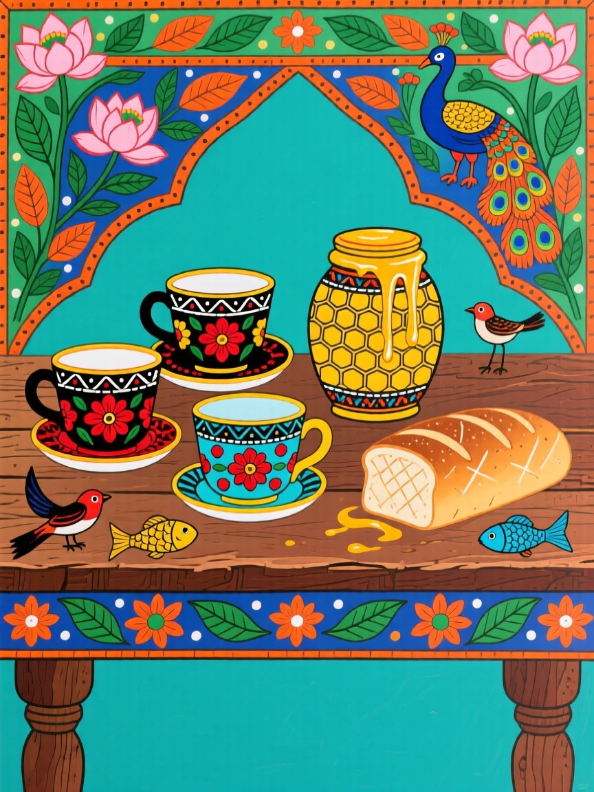 A still life of teacups, honey, and fresh bread on a rustic table.