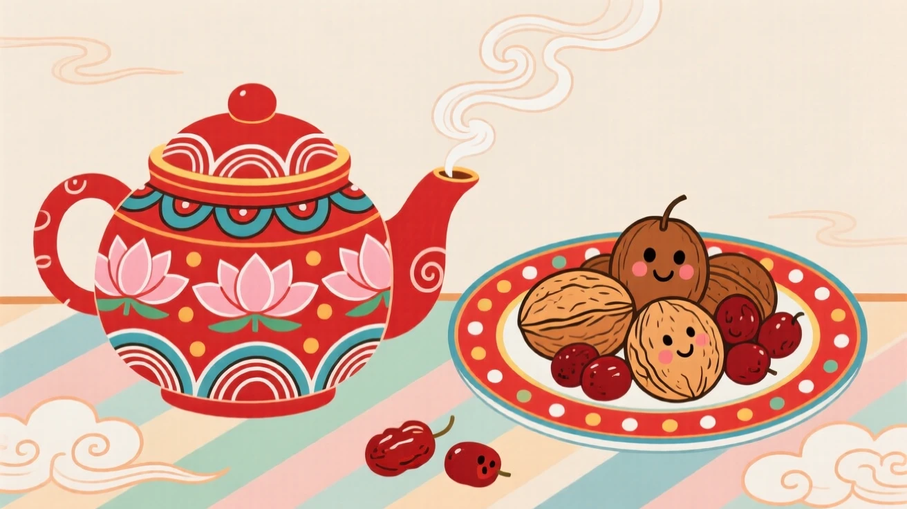 A pot of jujube tea beside a plate of walnuts.