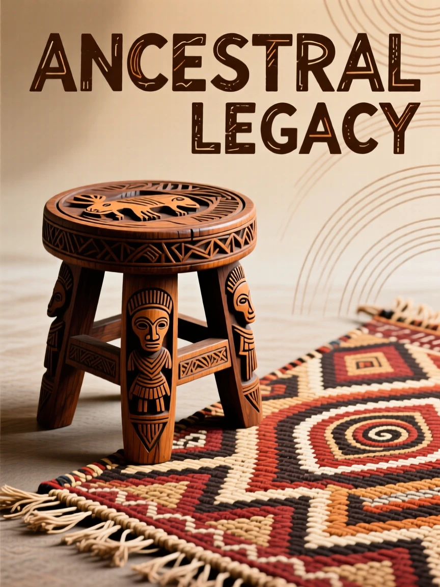 A carved wooden stool beside a woven floor mat.