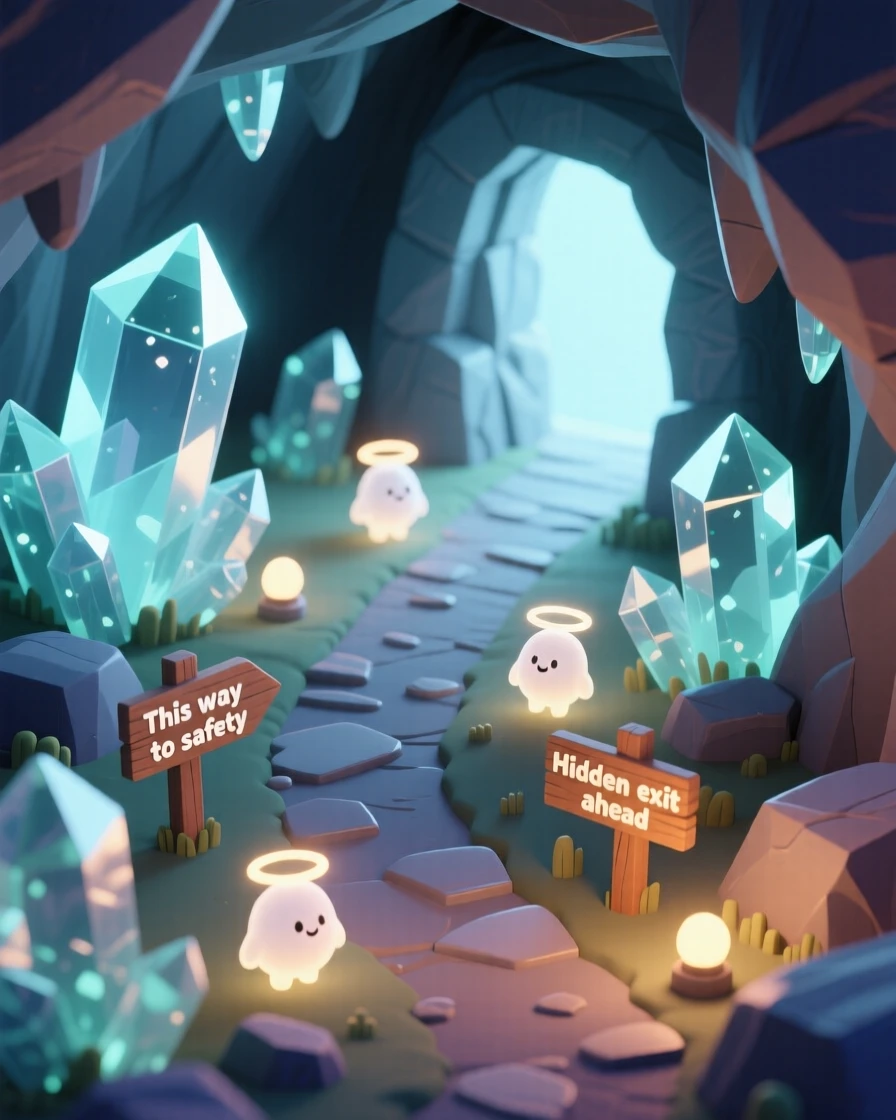 A crystal cave inhabited by gentle glowing spirits, guiding lost travelers toward a hidden exit.