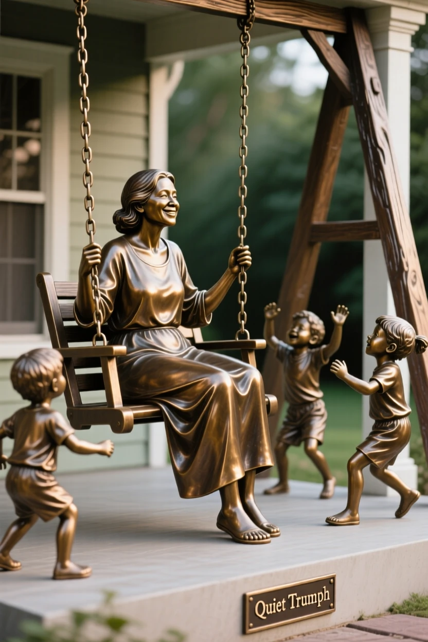 A mother watching her children play from a porch swing, in a moment of quiet triumph, forming a strong central focal point