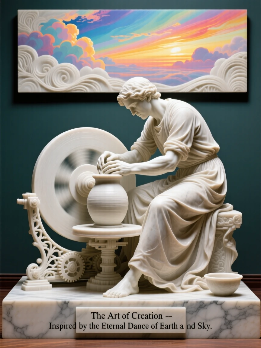 A vivid, emotionally rich scene of a potter shaping clay on a spinning wheel, under a brilliant, colorful sky, designed to captivate and inspire