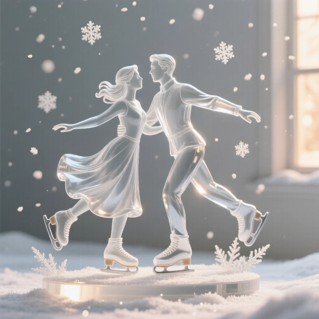 As frost begins to sparkle across the ground, a couple ice skating together beneath falling snow, while warm light spills from every window nearby