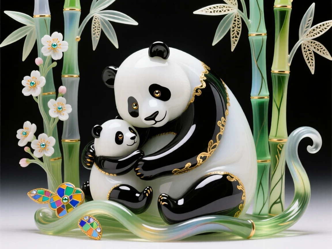 A mother panda and cub resting together among blooming bamboo groves, tender and endearing.