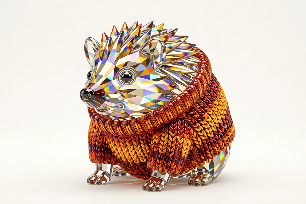 A miniature hedgehog wearing a tiny knitted sweater in an autumn setting.