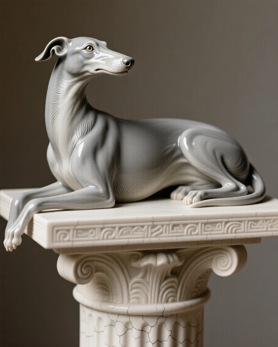 An elegant greyhound reclining regally posed elegantly atop a decorative pedestal, catching soft light along smooth curved surfaces, evoking refined elegance and quiet luxury.