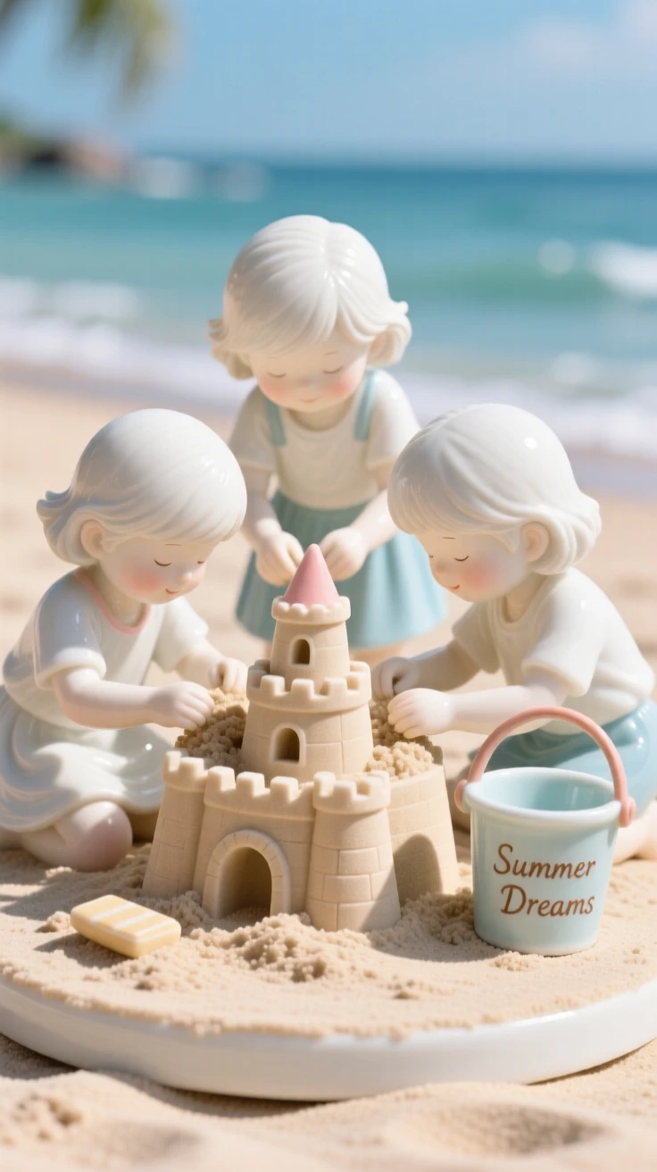 A cozy summer moment: a warm beach scene with children building sandcastles, evoking warmth and nostalgic comfort.
