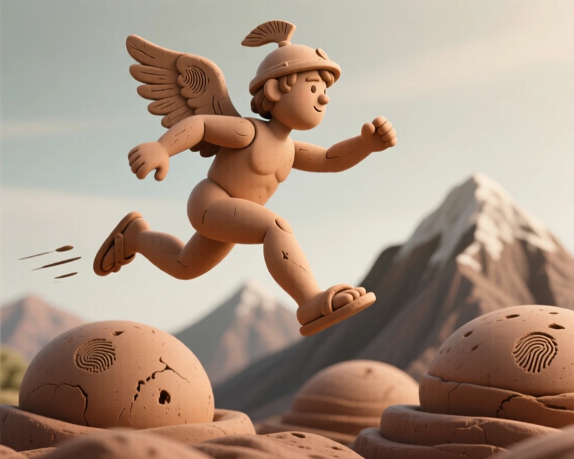Hermes soaring on winged sandals above a mountain range