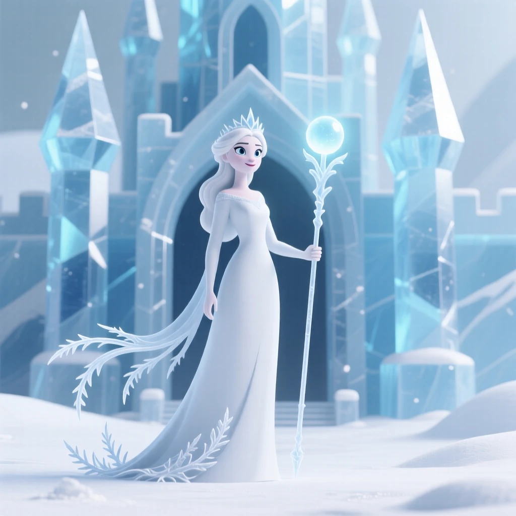 A brave snow queen builds an ice palace with a wave of her glowing staff, frost spreading in delicate patterns.