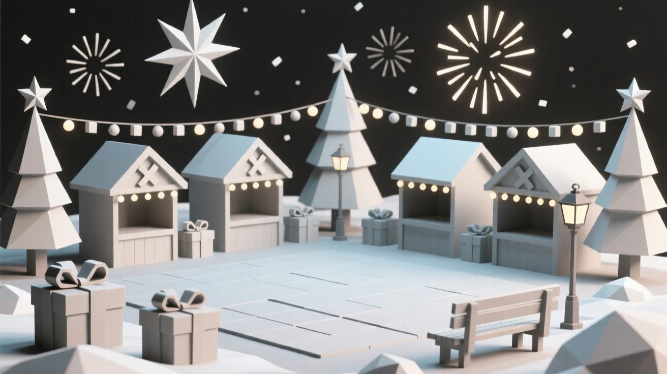 A festive market square decorated for winter holidays, beneath a sky full of fireworks. small charming details enrich the festive setting. The scene feels warm and celebratory.