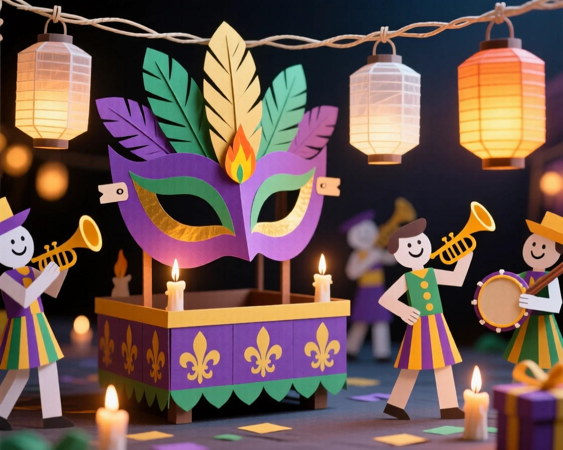 A lively Mardi Gras parade illuminated by lanterns and candlelight, with gifts wrapped neatly beneath a tree, evoking nostalgic seasonal magic.