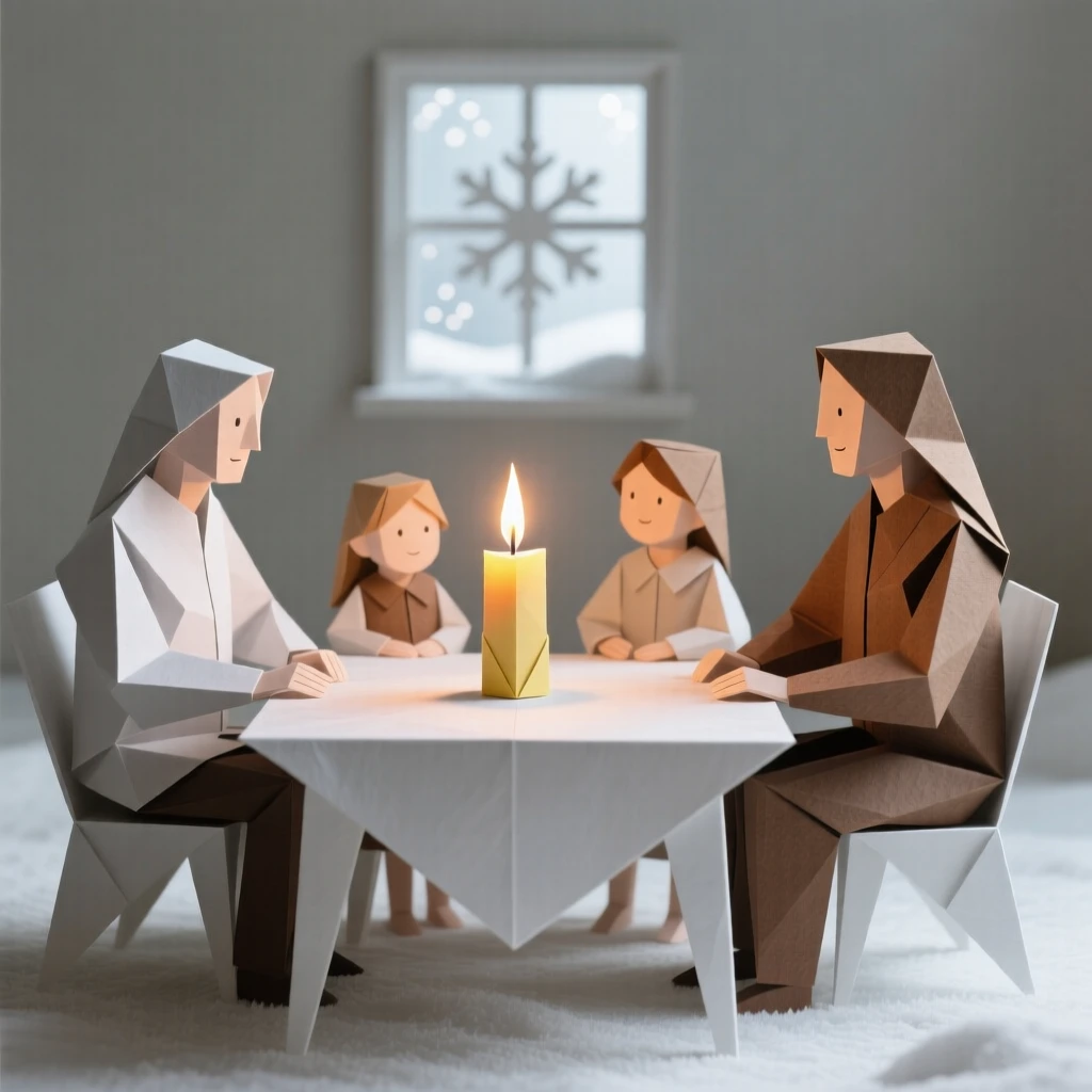 A Nordic Christmas Eve scene with a family gathered around a candlelit table.