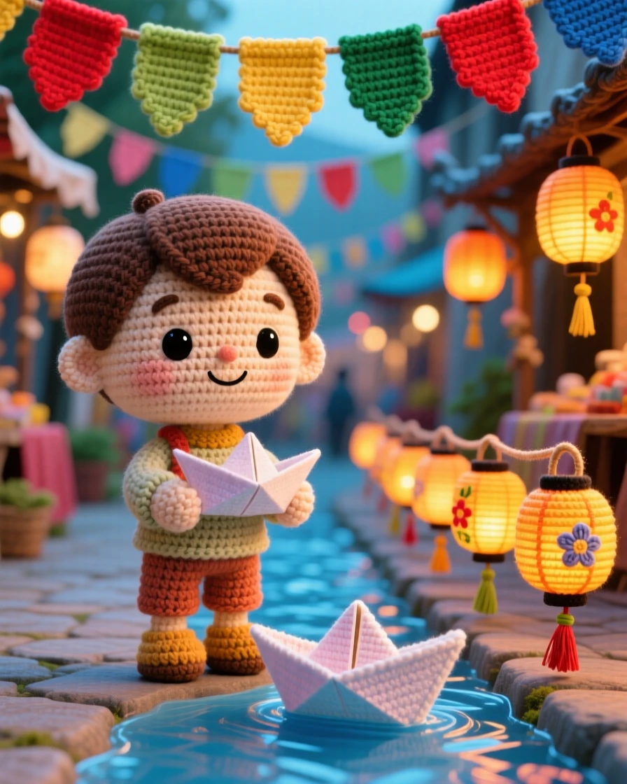 A festive cultural scene of a small boy carrying a small paper boat for a river lantern festival, setting it gently onto the water within a festive market street strung with colorful decorations; a row of glowing lanterns lining the path nearby, full of the cheerful spirit of a beloved tradition.