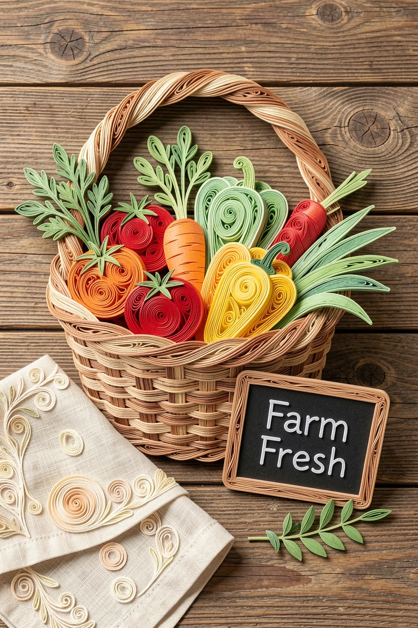 A cozy still life of a basket of fresh vegetables from a farmers market on a rustic wooden farmhouse table, in bright, cheerful pastel colors, arranged with complementary props scattered around.
