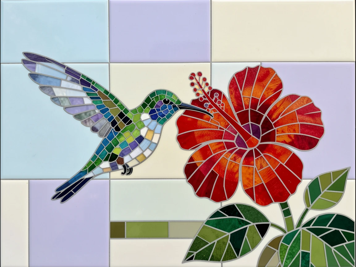 A hummingbird hovering beside a blooming red hibiscus.