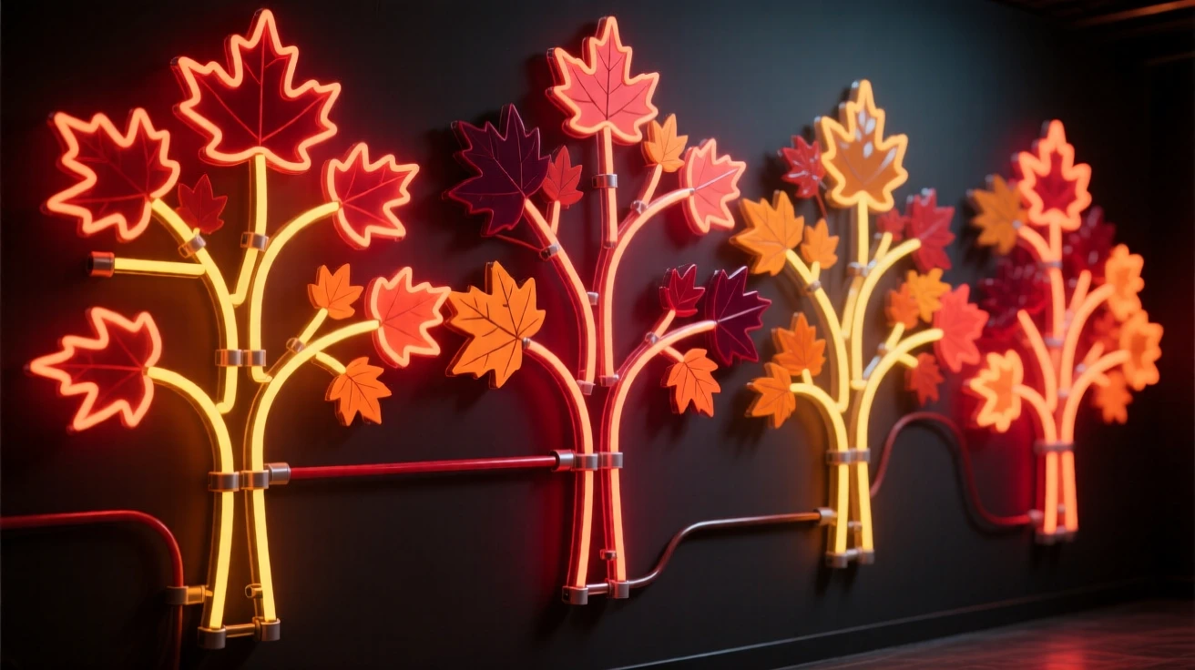 A row of maple trees ablaze with red and orange autumn leaves.