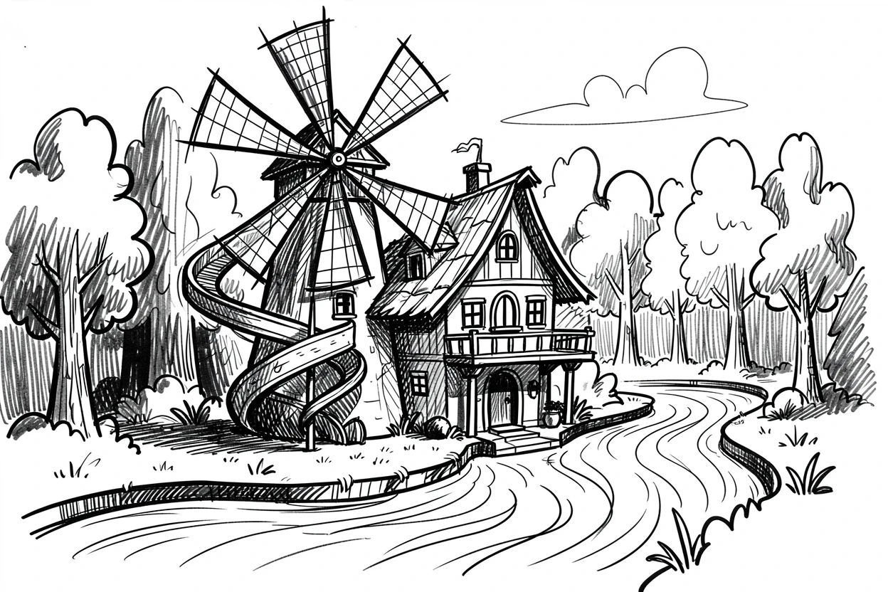 A windmill cottage with a spiral staircase beside a river winding through the forest.
