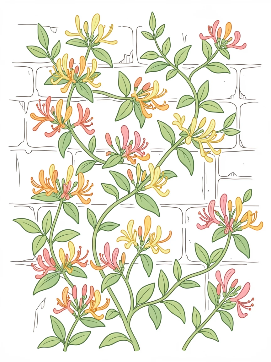 A field of wild honeysuckle climbing along a weathered garden wall.
