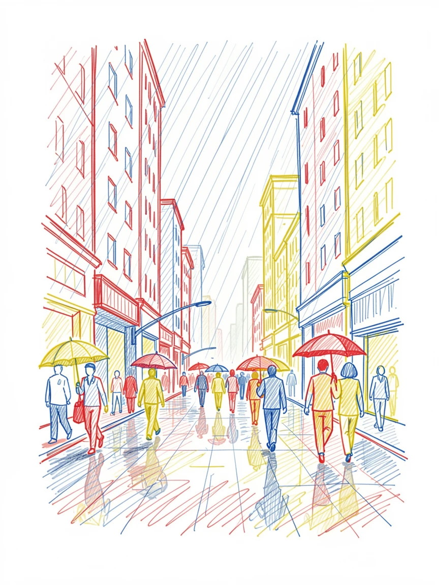 A summer downpour drenching a bustling city street with reflections