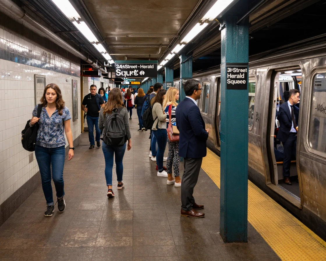A New York City subway platform bustling with commuters